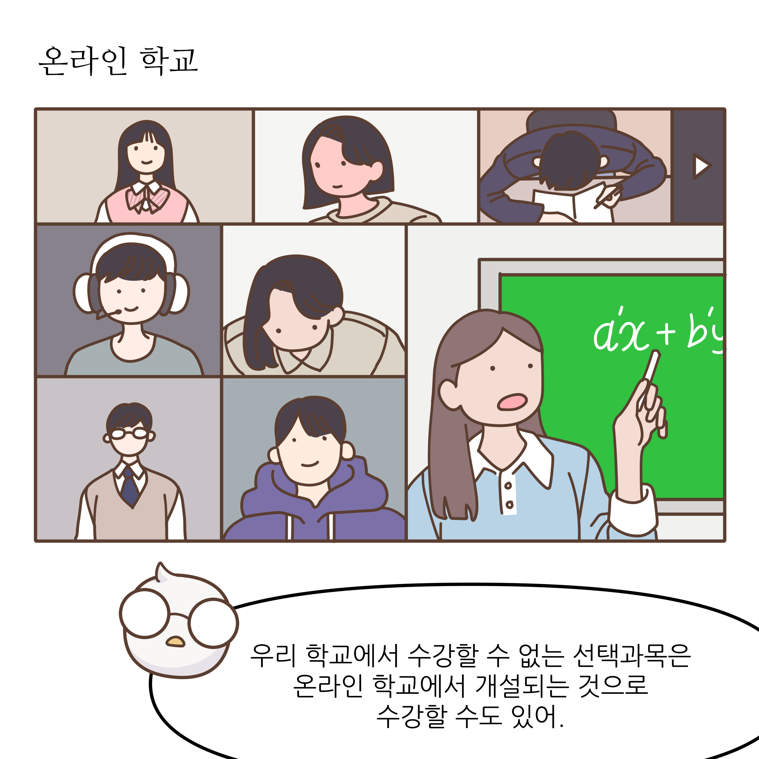 온라인 학교 우리 학교에서 수강할 수 없는 선택과목은 온라인 학교에서 개설되는 것으로 수강할 수도 있어.